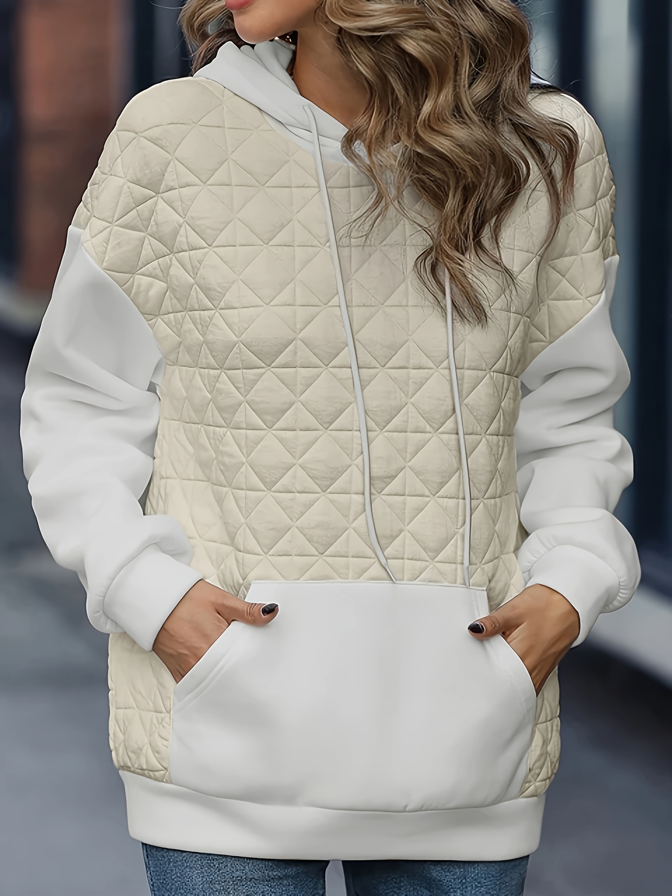 womens casual hooded sweatshirt white beige color   geometric diamond pattern machine washable autumn winter warm pullover beige 0