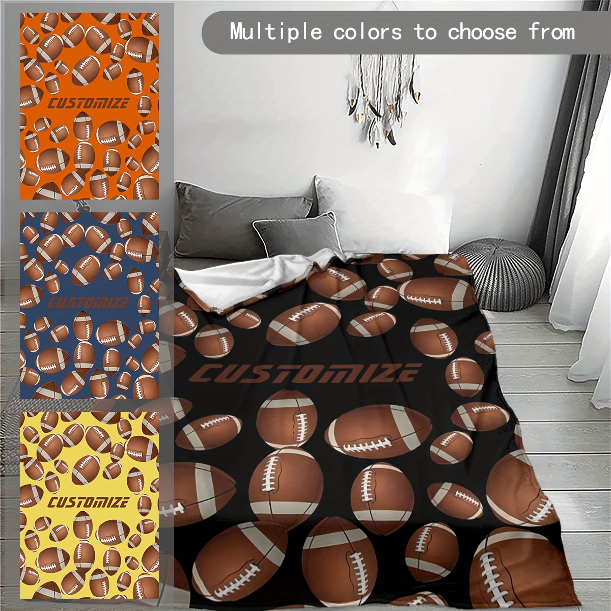 

Customizable Football Sports Themed Flannel Throw Blanket - Contemporary Geometric Print, All-season Comfort, Digital Print Soft Polyester, Knitted Lightweight Decorative Blanket For Home