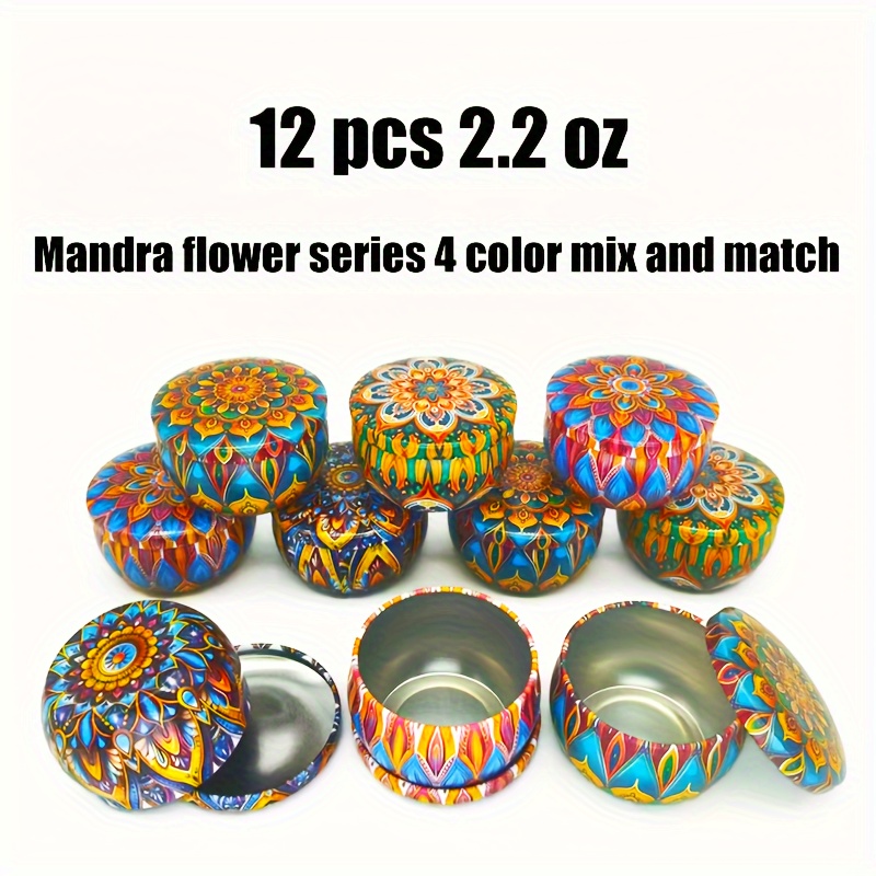 

Lot de 12 Boîtes Métalliques de 2.2oz avec Motif Mandala et Couvercles - Idéales pour l'Artisanat DIY, la Fabrication de Bougies, de Fête & la Décoration Intérieure