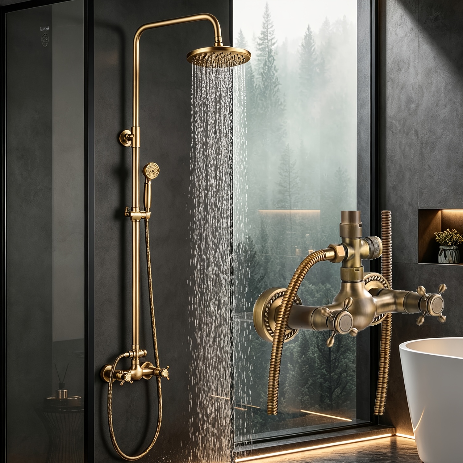 Image of Antique Brass Bathroom Shower Faucet Set Outdoor Shower Fixture 8 Inch Shower Head Handheld Spray Tub Spout Wall Mounted Mixer Shower System