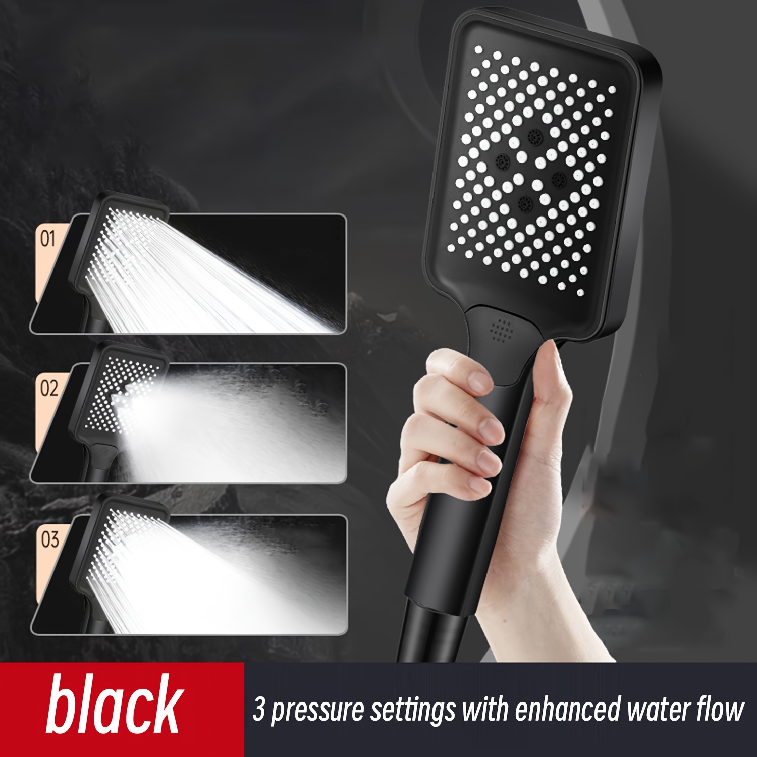 3pcs Square Three-Setting Rain Shower Head Set with Hose Holder