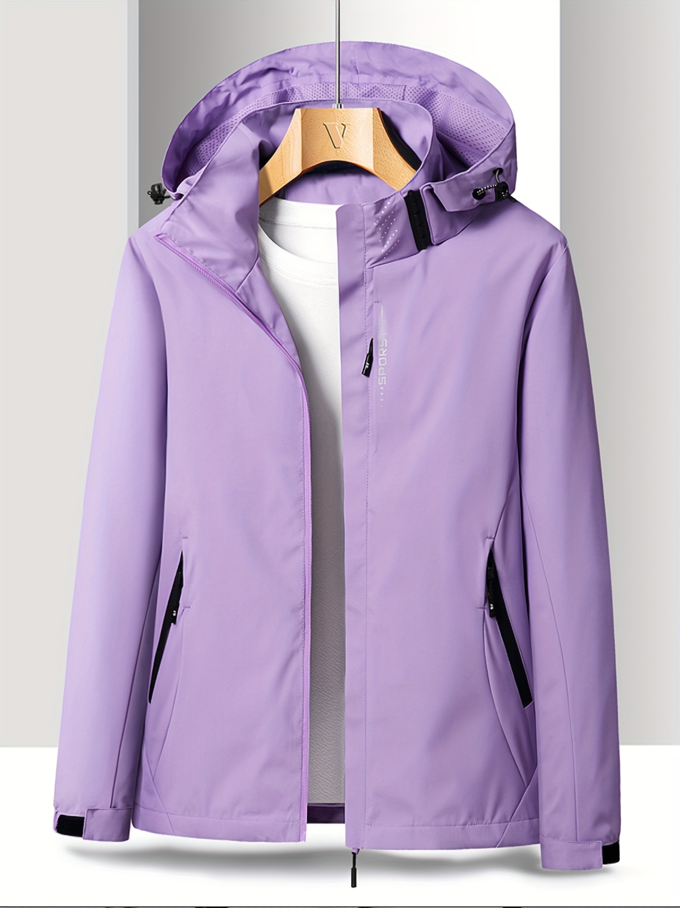 Chaqueta para mujer resistente al viento con capucha desmontable y bolsillos con cremalleras, ideal para senderismo y pesca en todas las estaciones, puños ajustables, color rosa vibrante con detalles en negro, equipo de senderismo - Imagen 7