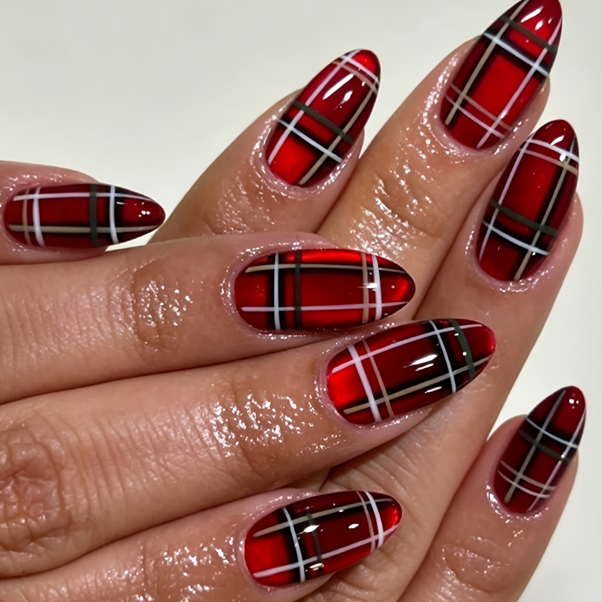TEMU 24 stuks amandelvormige druk-op nagels geschikt voor vrouwen - Kersenrood gestreepte glitter kattenoog nepnagels met volledige en amandelvormige