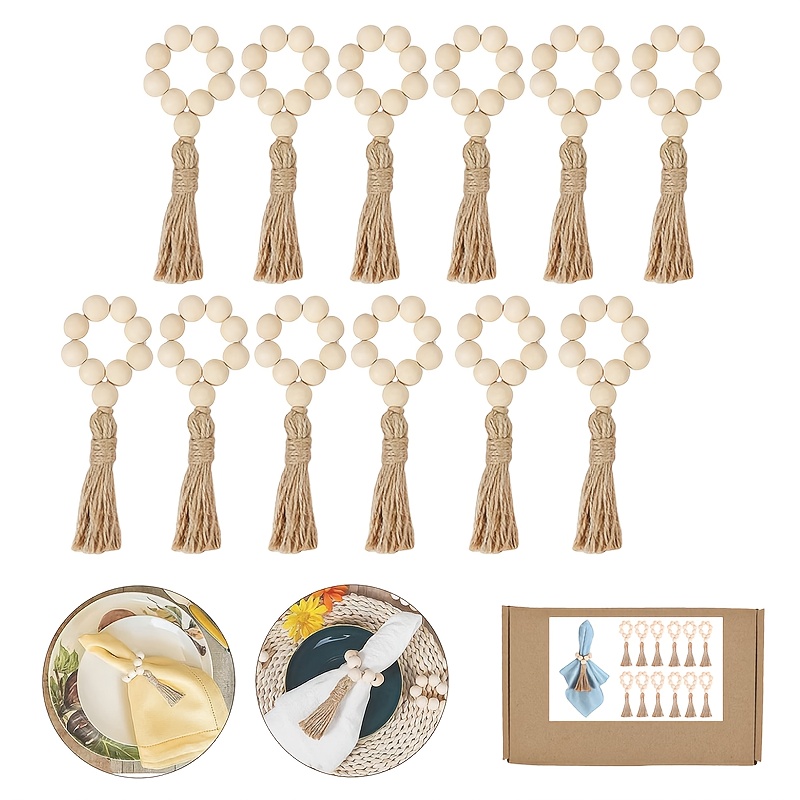 E-shop Set mit 12 Jute Quasten Holzperlen Serviettenringen, handgefertigte Holzperlen Serviettenhalter, Holzserviettenringe, Tischdeko