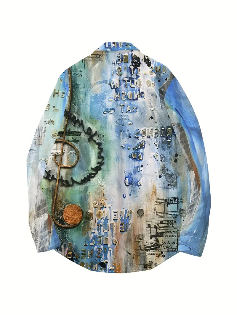 mens distressed print long sleeve lapel shirt for spring and fall casual comfy trendy shirt as gift details 1