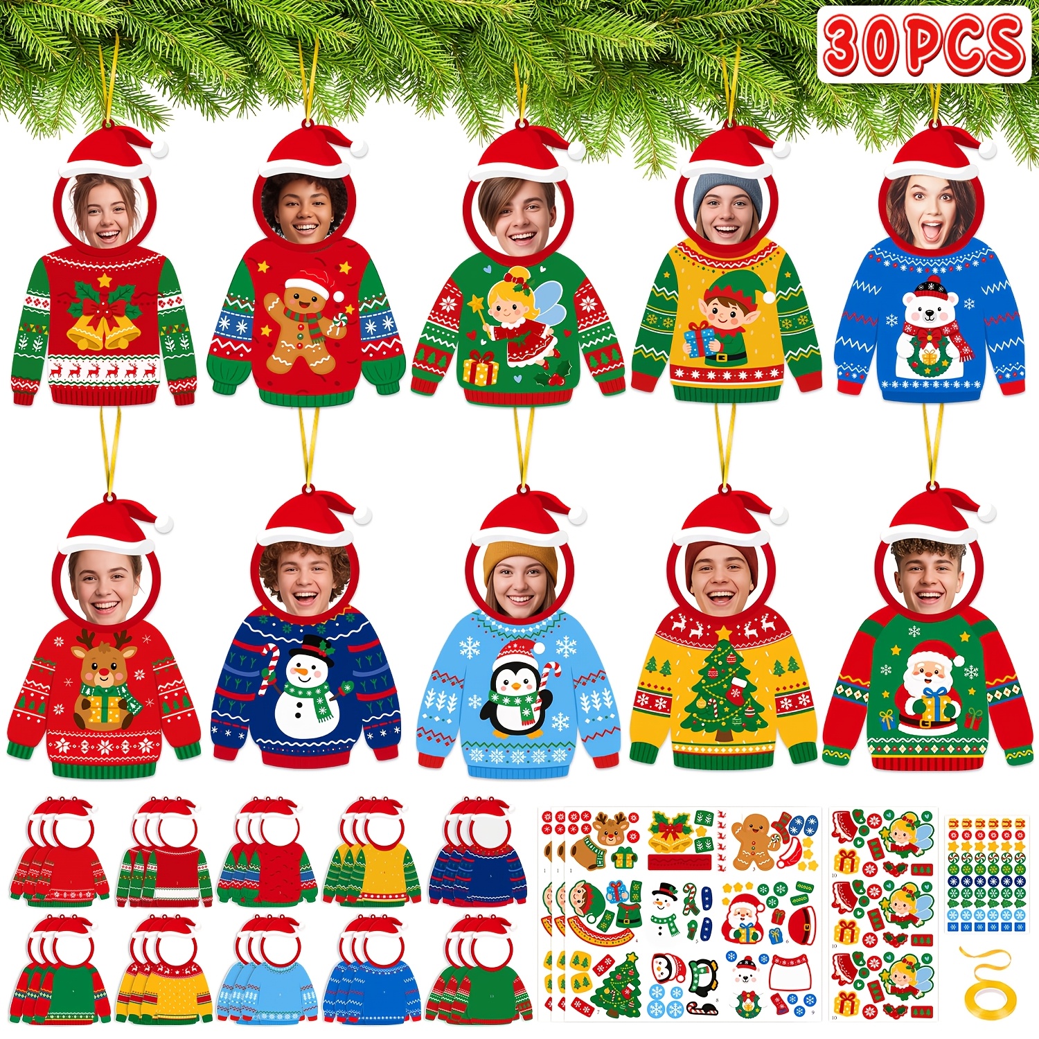 TEMU 30pcs Kit de bricolage de Noël - Kits de cadres photo de pull de Noël avec autocollants et décorations en papier pour la décoration de sapin de