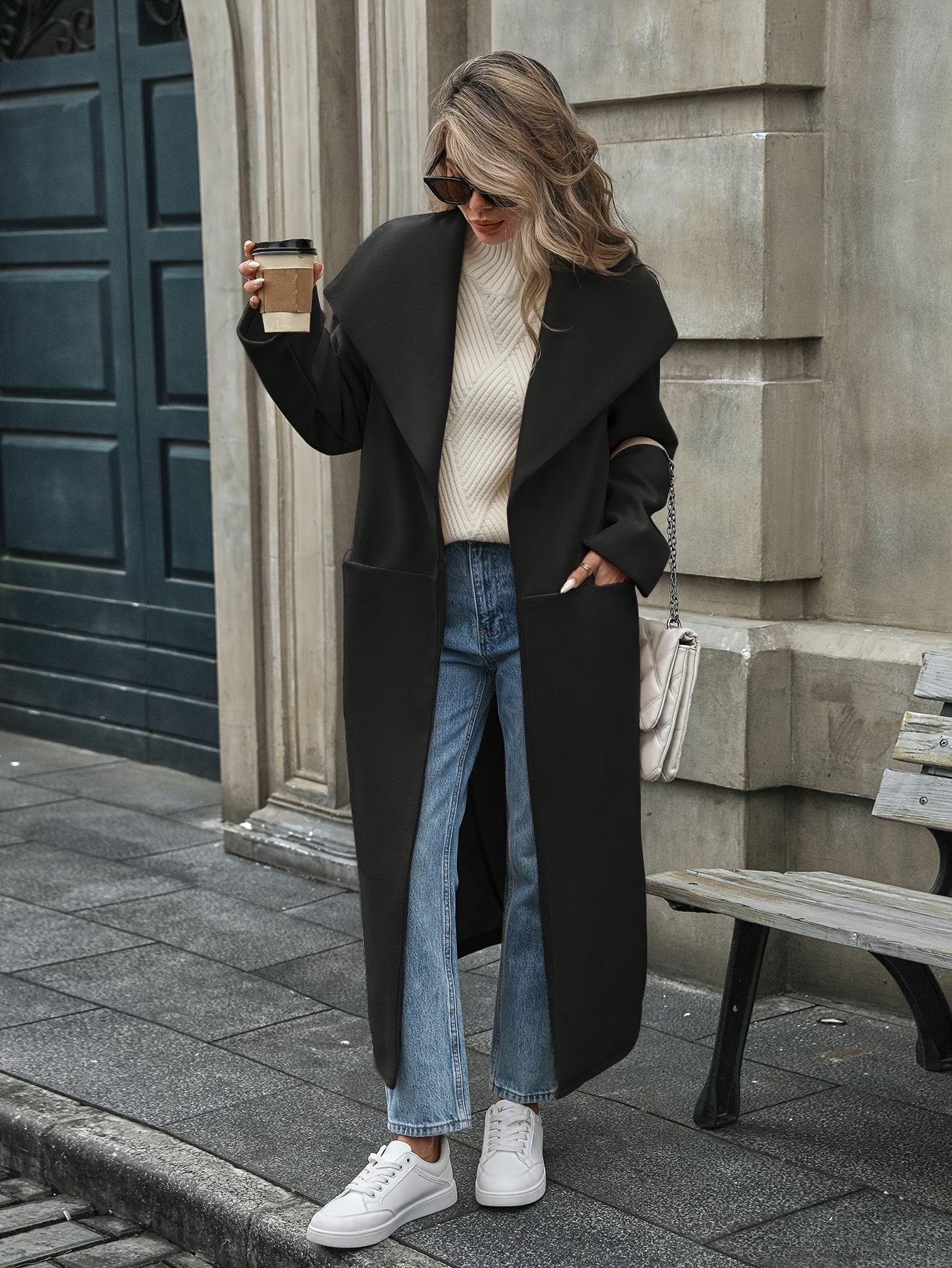 qd0610056 womens long coat two tone pockets long sleeves - Temu Oman