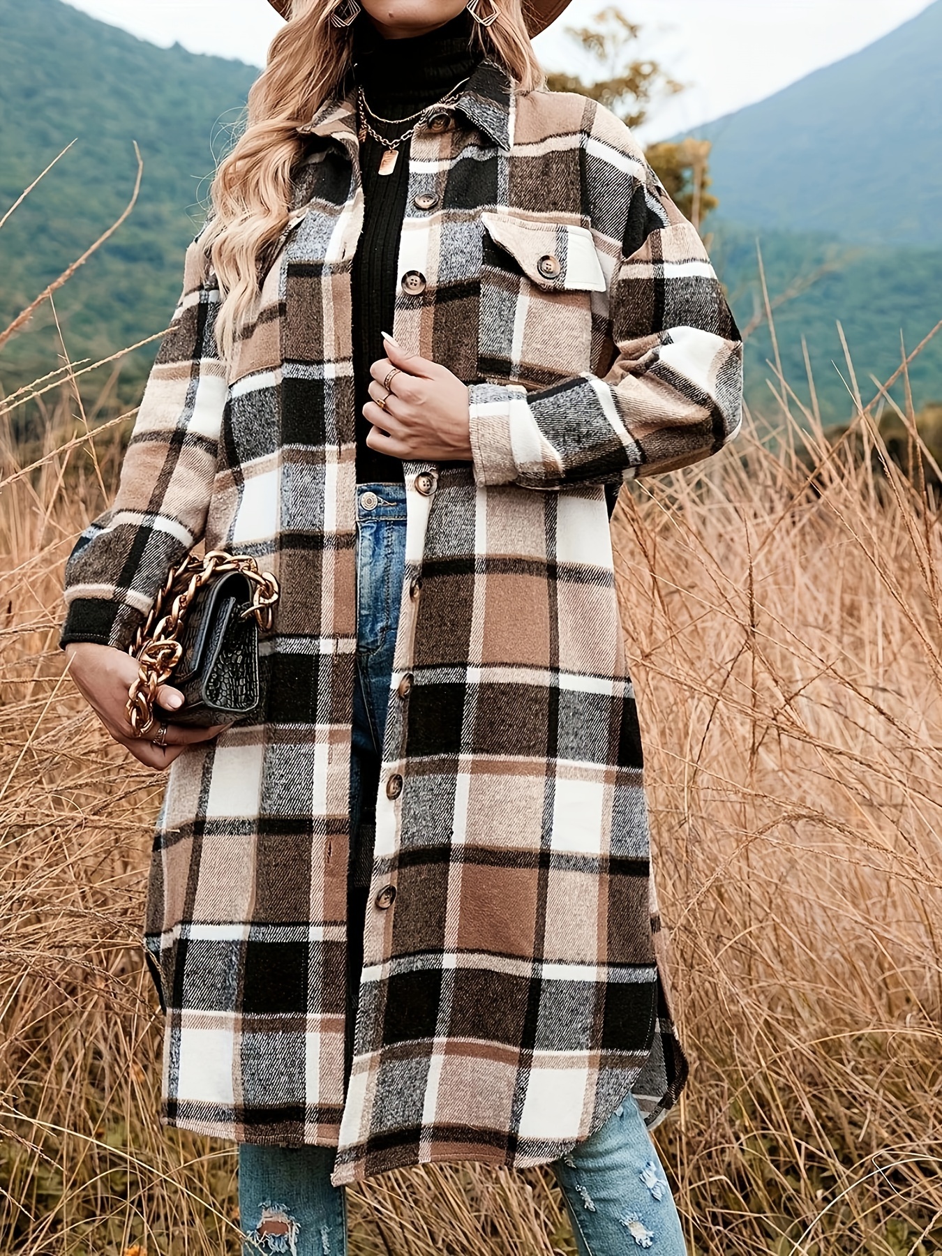 veste chemise en tweed à carreaux femme fente latérale col Temu