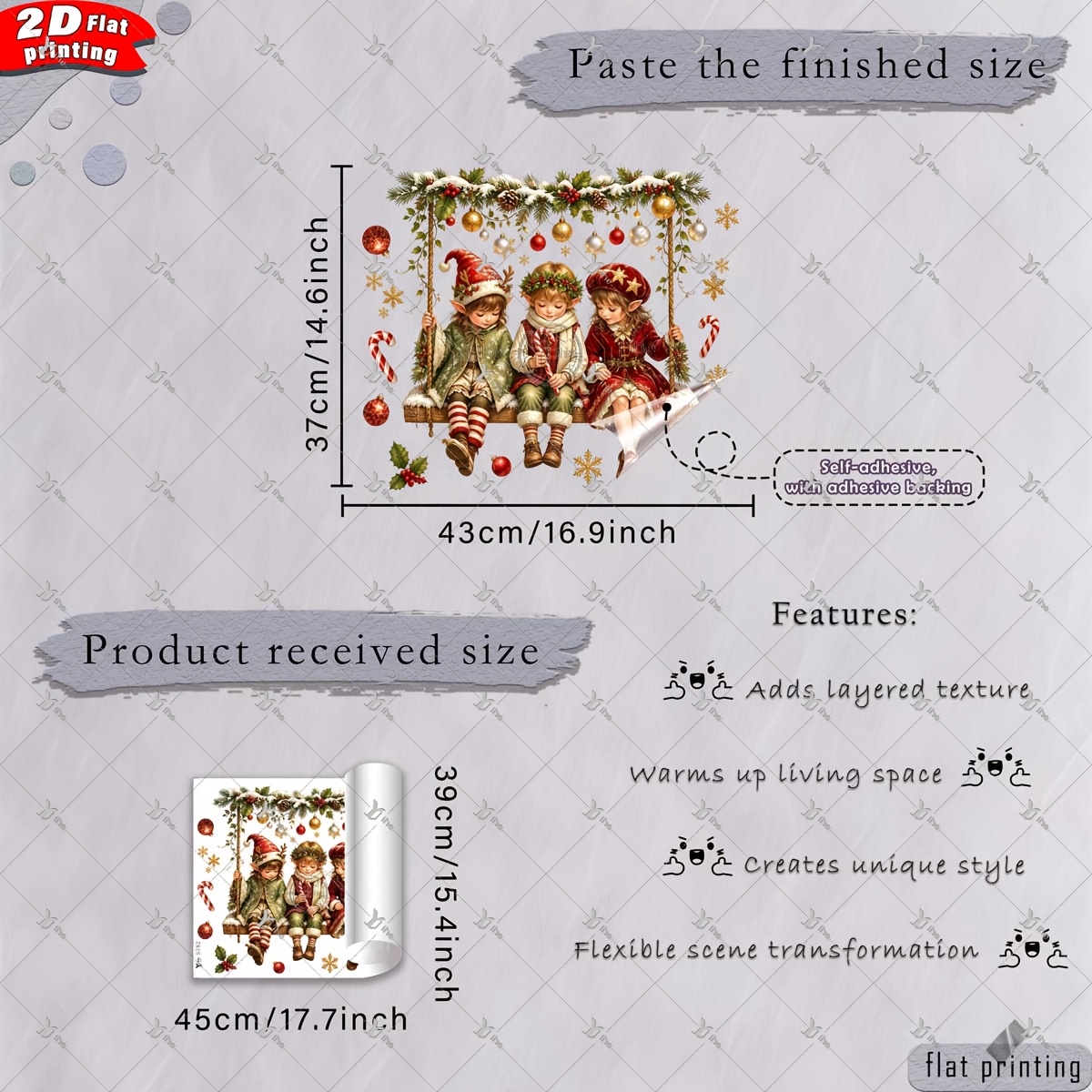 TEMU 2d Flat, 1pc 2d Flat Printed Christmas Swing Elf Holly Bauble Candy Cane Window Sticker, Creative Diy Self-adhesive Removable Double-sided Pvc