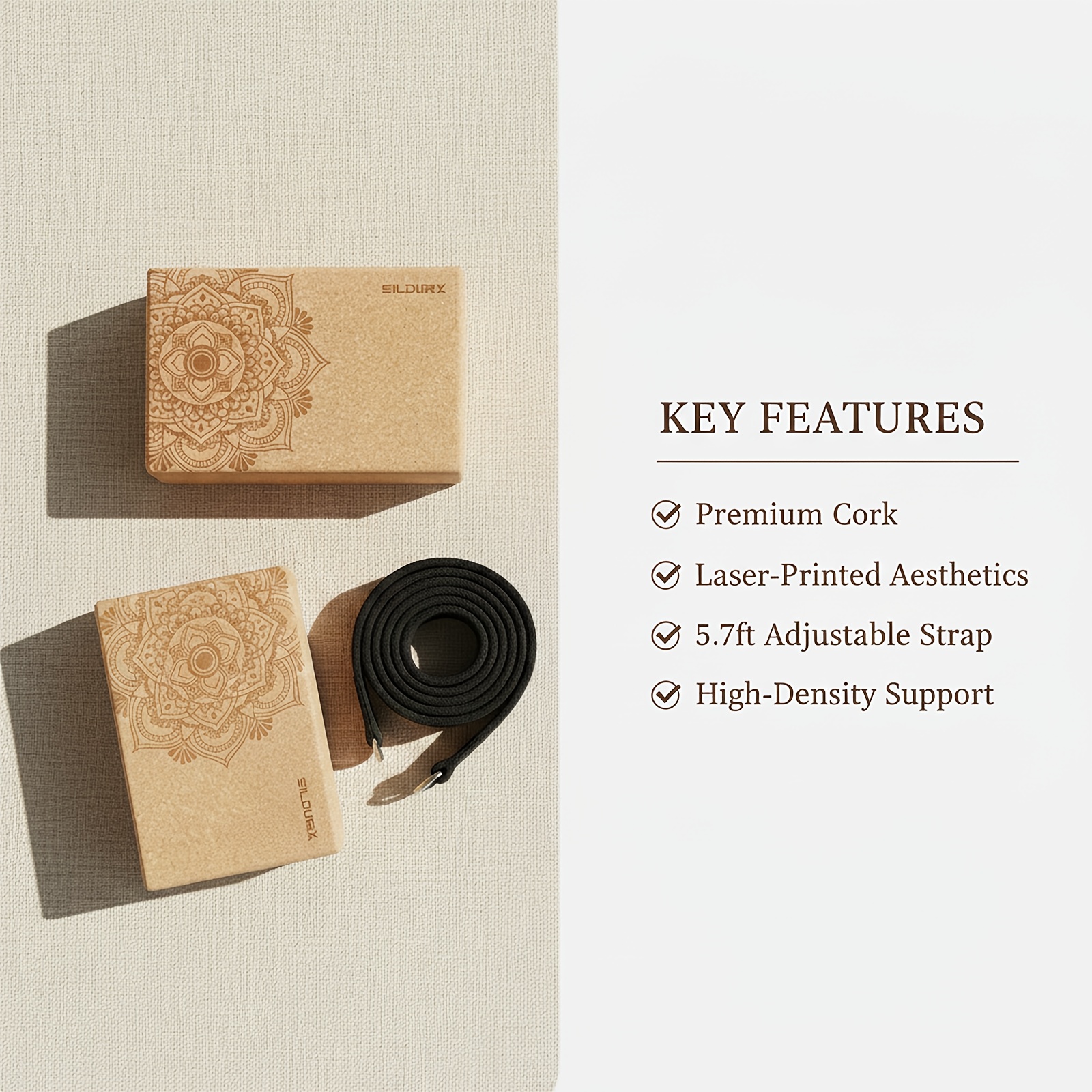 SILDURX Cork Yoga Blocks 2 Pack with Yoga Strap