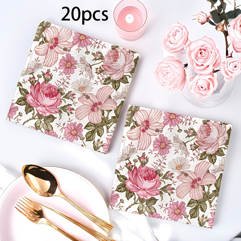 TEMU Set Of 20 Pink Floral Napkins Featuring A Vintage Boho , Made Of 2-ply Disposable Paper. Retro And Cocktail Napkins Showcase A Watercolor Rose