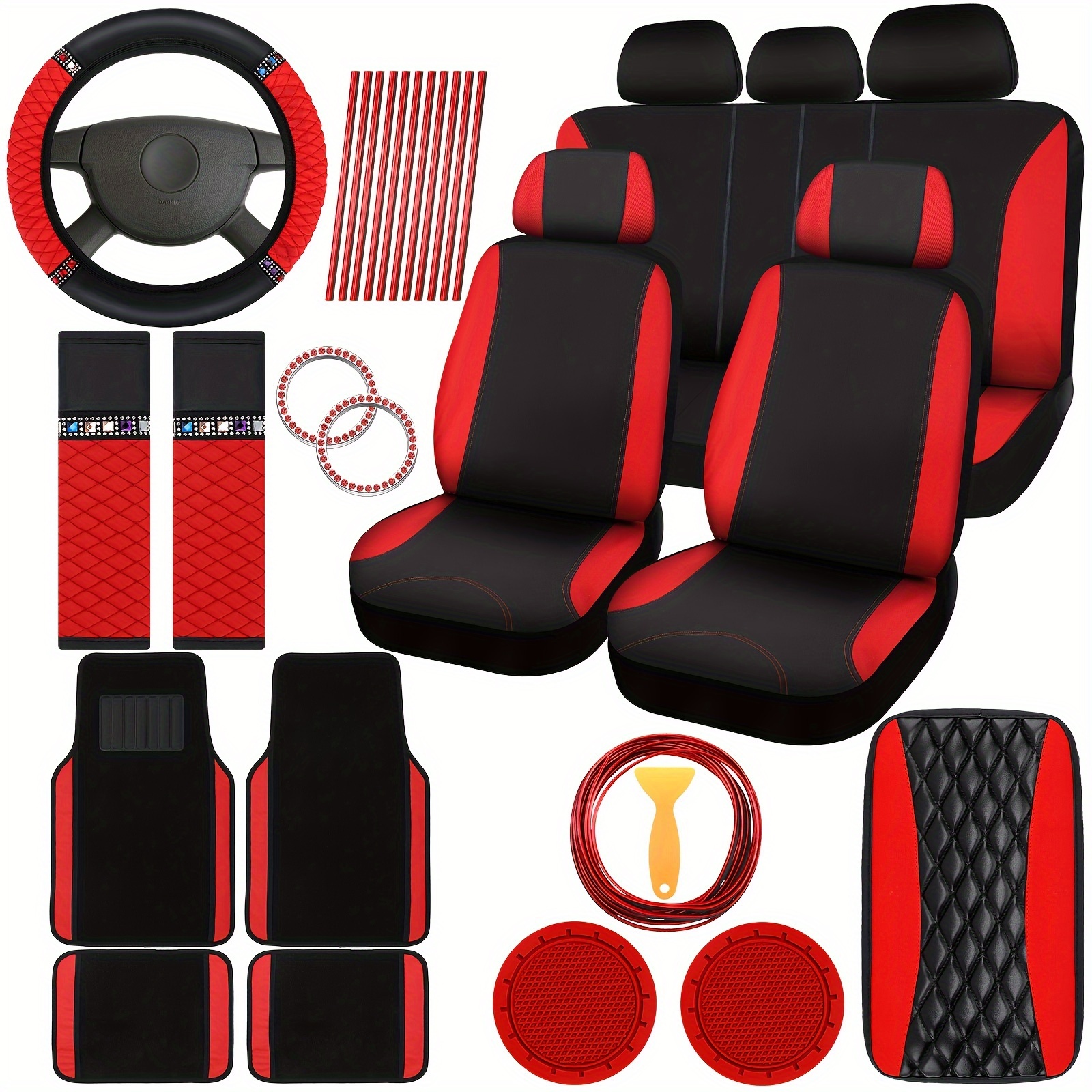 TEMU 43pcs Sparkling Car Accessory Collection For Women, Includes Front And Rear Seat Covers, Wheel Cover, And Floor Mats, All In Design (red And