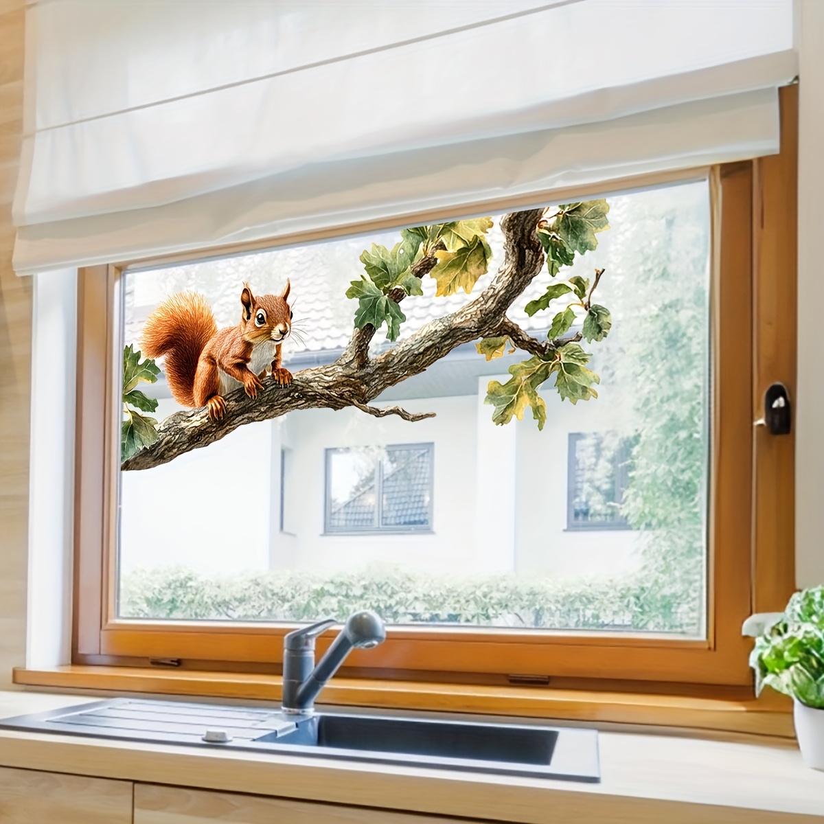Squirrel & Branch Window Film - Realistic Animal Print Plastic Window Suitable For, Doors, - Easy & Stick Installation, Irregular Branch Design, Transmission