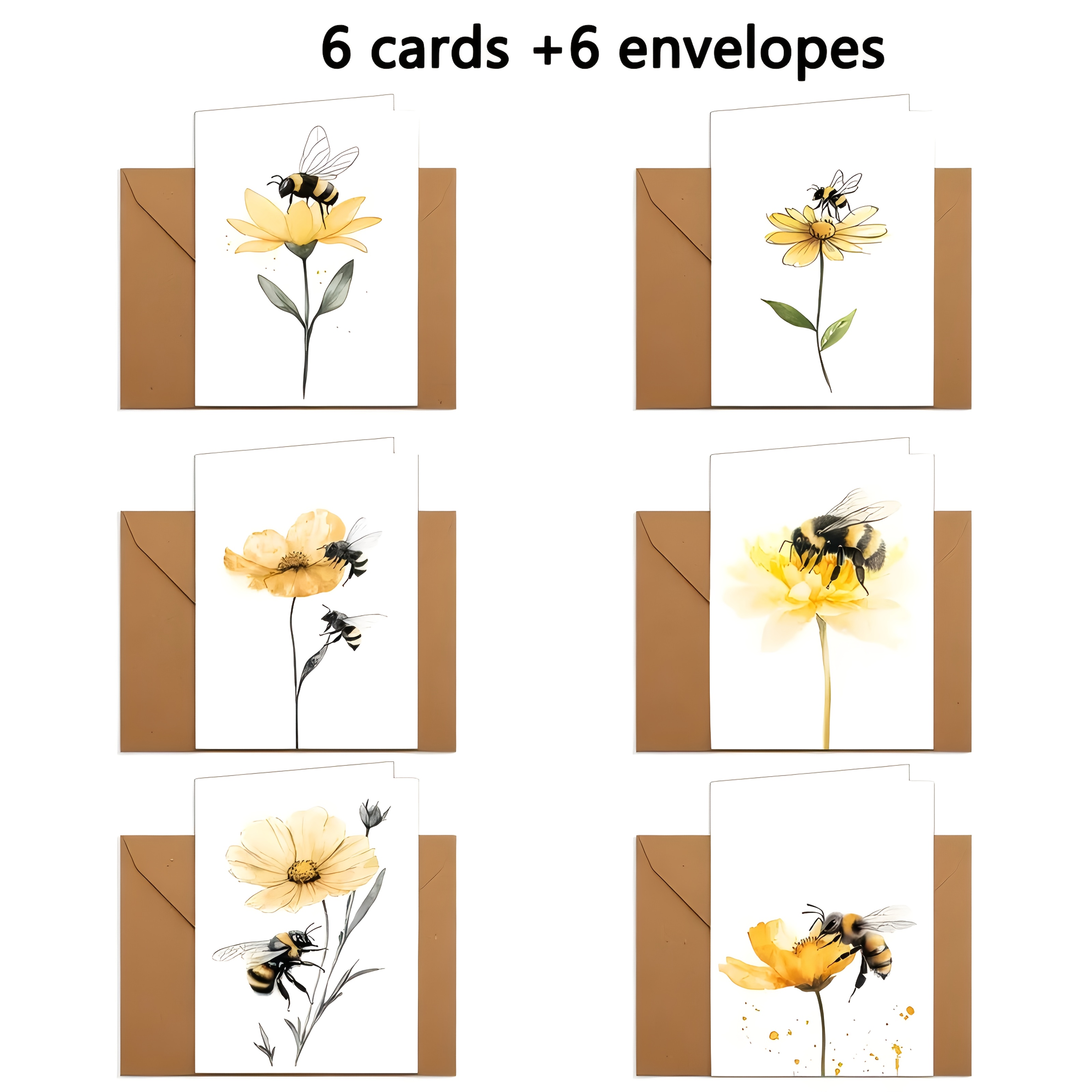 TEMU 12pcs Watercolor Hand-painted Bee Greeting Cards With Envelopes, Yellow Floral Design, , Thank You, Message Cards, Suitable For Any Occasion,