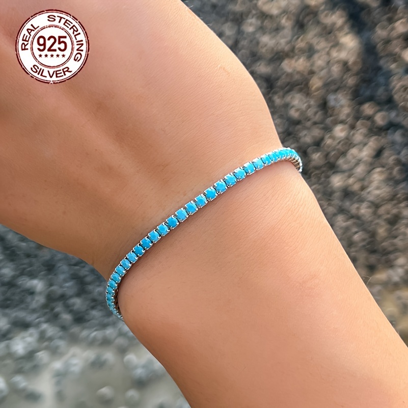 

925 Sterling Silvery 5.44g/0.192oz Luxury Dainty 3mm Round Blue Synthetic Turquoise Tennis Chain Link Adjustable Size Bracelets For Women Hypoallergenic Wear Hand Jewelry Banquet Accessories Gift