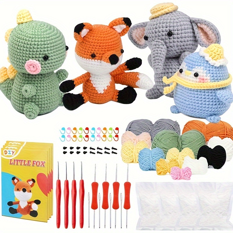 

1set Animal Crochet Kit Supplies-dinosaur Fox Elephant Penguin, With Yarn, Polyester Fiber Fill, Crochet Hooks And Accessories Random Color, Includes Instructions