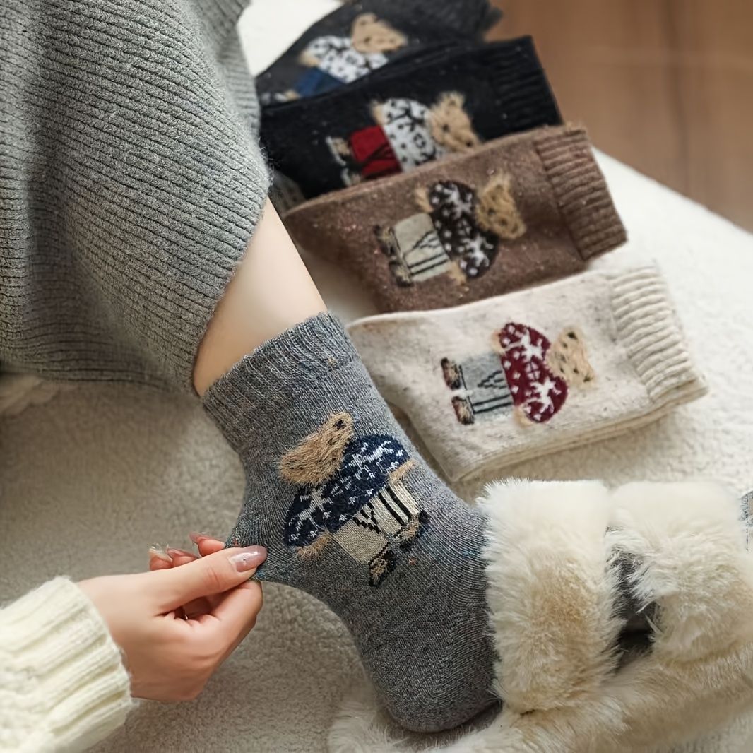 TEMU 5-pair Women's Novelty Yarn Cartoon Cute Bear Mid-calf Socks, Thickened Warm Slouch Socks For Autumn/winter, New Style Socks