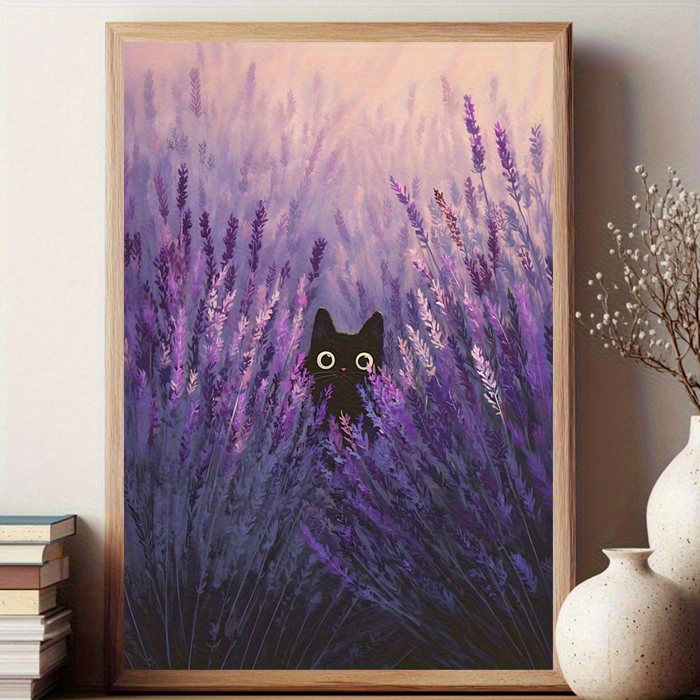 E-shop 1 Stück Rahmenlose Wandkunst mit Schwarzer Katze im Lavendelfeld - Vintage Bohemian Farmhouse, geeignet für Zuhause, Büro, Wohnzimmer,