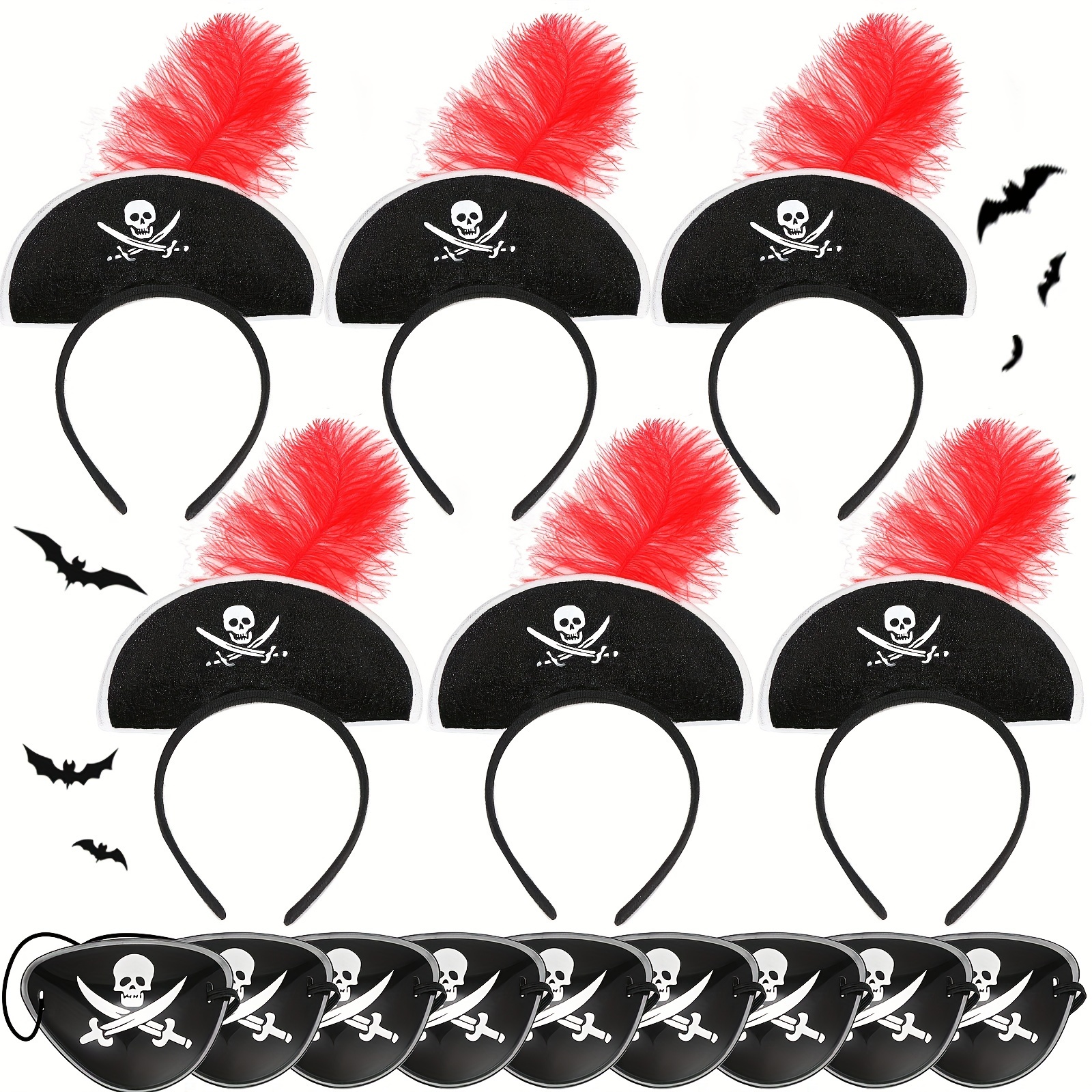 Sombrero pirata de tricornio de plumas de encaje negro y rojo para mujer,  Negro 