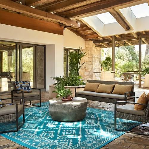 extra large outdoor indoor area mat heavy duty pp polypropylene high quality mat with turquoise beige lattice border for patio deck rv camping clean indoor outdoor outdoor rugs patio decor stylish patio accessory
