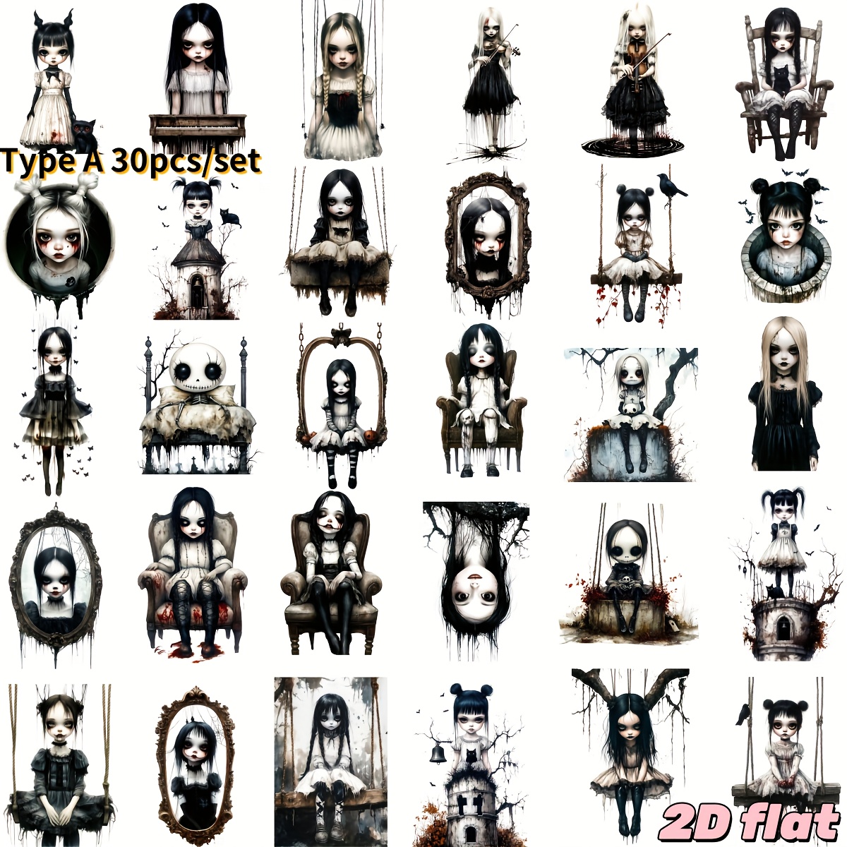 30pcs/set Handmade Creative Retro Halloween Dark Gothic Style Horror Doll Series 2d Flat Stickers Suitable For Garbage Diary, Notebook, Decoration, Manual Account Cutting Book Stickers