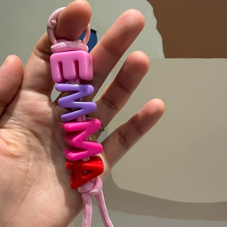 TEMU 2d Flat, 1pc Handmade Braided Rope Keychain With Colorful Acrylic Letter Beads, Cute Flower Keyring, Minimalist Style Bag Charm, Custom Name,