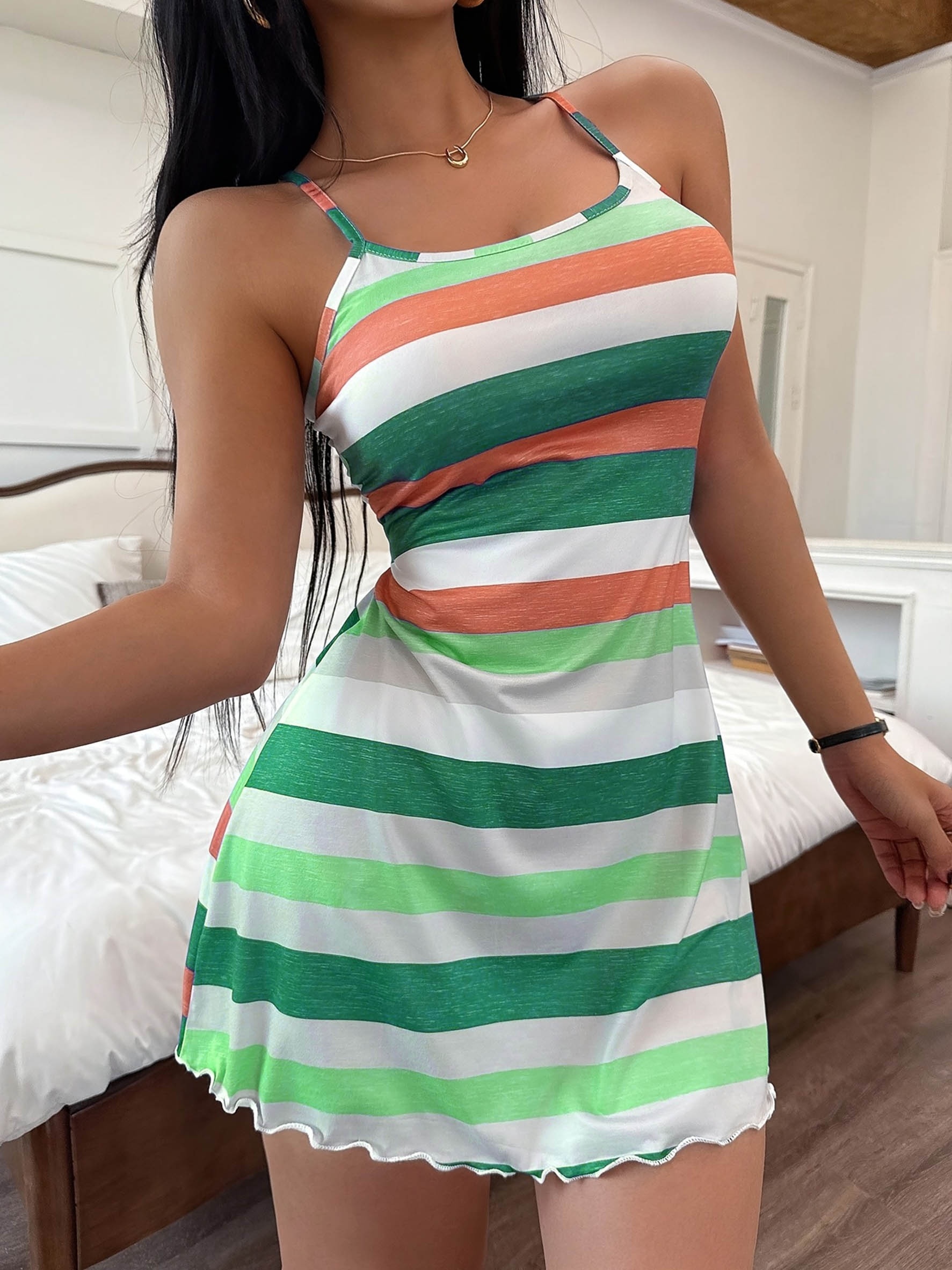Women's Casual Colorful Striped Print Spaghetti Strap Nightgown, Striped Summer Sleep Dress