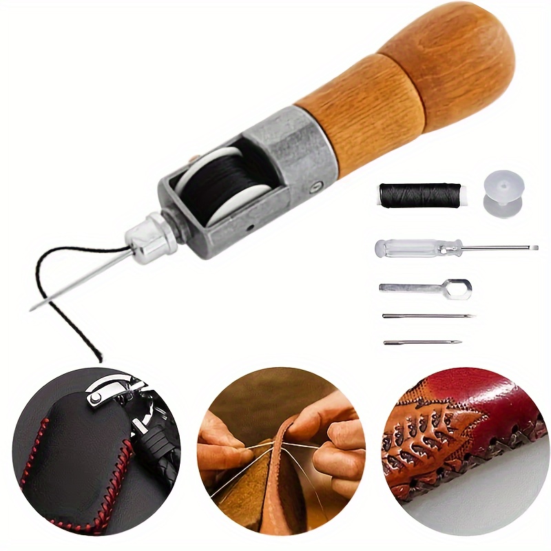 

Leather Sewing Tool Kit - Stainless Steel & Wood Handle, Ideal For Leather, Denim, Canvas - Includes Needles & For Diy Crafting, Leather Working Tools