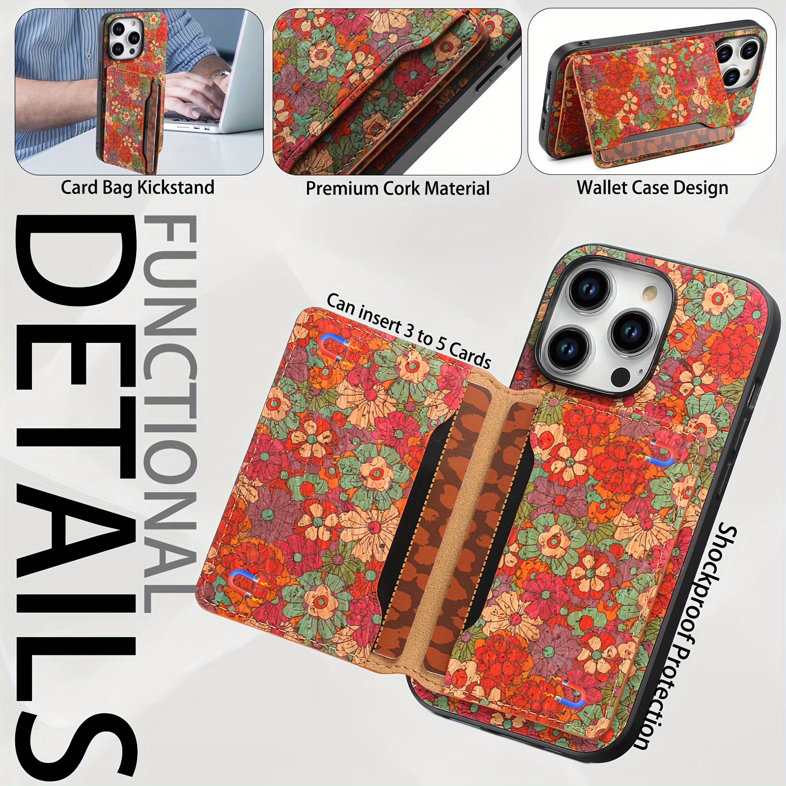 DENIOR Wooden Phonecase for iPhone 15/ 14/ 13/ 12 Series Case, with Glue Kickstand And Card Holder 3 Card Slots Can Insert 3-5 Cards Shockproof Protection, Turquoise And Red Flowers, Cork Wooden