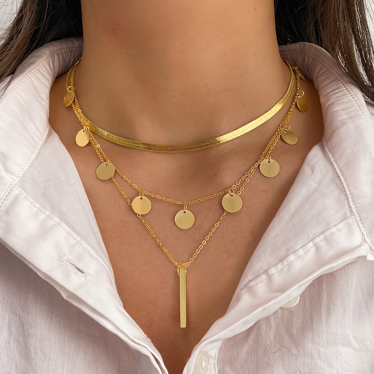 TEMU Ensemble de 3 avec barre rectangulaire 3D à paillettes circulaires, chaîne en os de , pendentif empilable, chaîne de clavicule, bijoux de cou