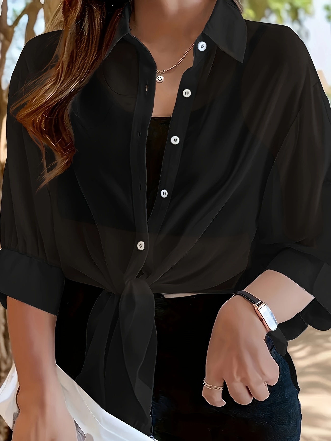 Plus Size Women's Lightweight Semi-Sheer Chiffon Shirt - Casual Beach Cover-Up with Front Tie Bow, Loose Fit Open Front Button-Up for Swimsuits & Dresses, Machine Washable Spring/Summer Tops, Summer Layering Piece, Foldover Collar, Elegant Ruching, Vacation Outfit, Flowy Texture, Stylish Cover Up, Beachgoers Outfit