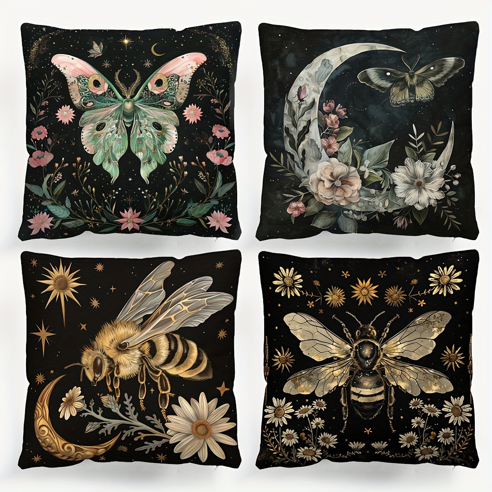 

1pc, Vintage Celestial Pattern Cushion Cover (17.7" X 17.7"), Occult Butterfly & Bee Design, Moon Phase & Floral Print, Decorative Pillowcase For Sofa, Bed, Car, Living Room, Without Insert
