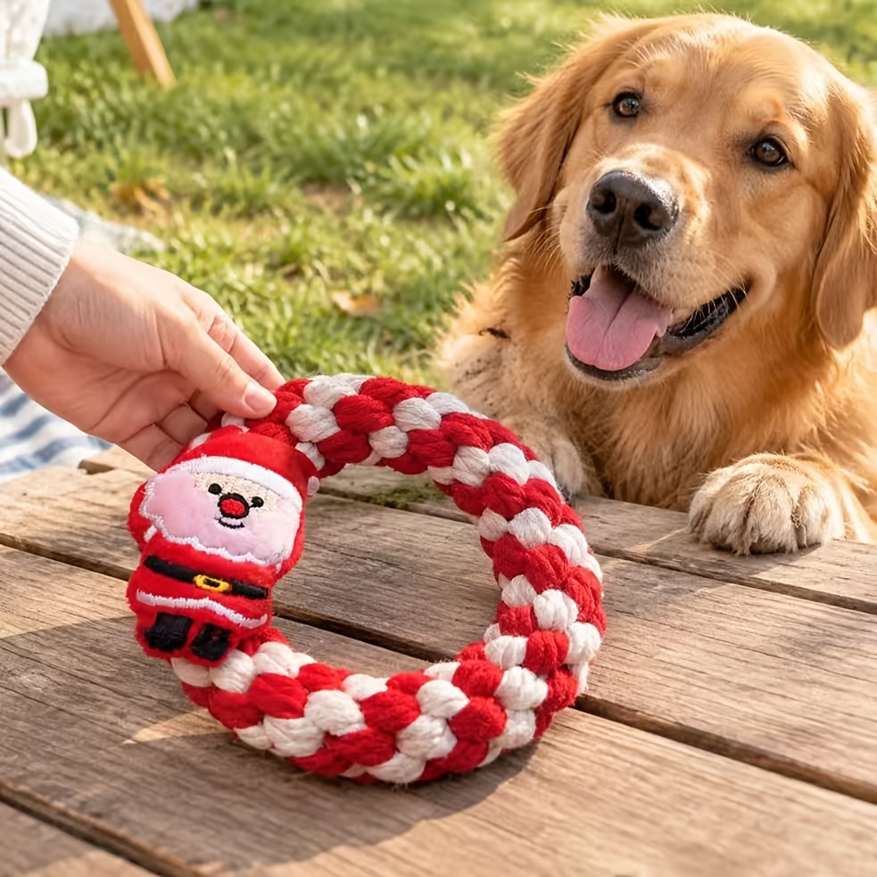 TEMU Jouet pour chien de couronne de Noël Père Noël haut de gamme, anneau en corde rouge et blanche tissé à avec poupée en peluche Père Noël