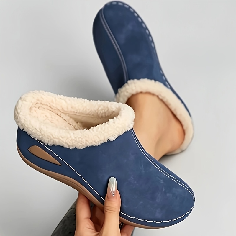 TEMU Retro Women's Bootie Plush Half-slip, Matte Velvet Stitching Design, Thickened Fluffy Plush Warm Lining, Soft Flat Sole Lightweight Comfortable,