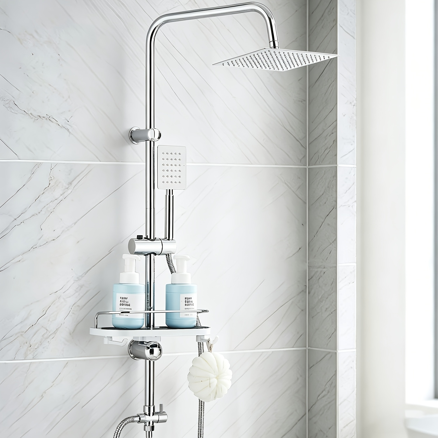 Image of Shower Set With Shelf, Shower Rod Set, Stainless Steel Shower Column Set (showerhead Size: 20 X 20cm) Bathroom Shower System Shower Set With Handheld Showerhead
