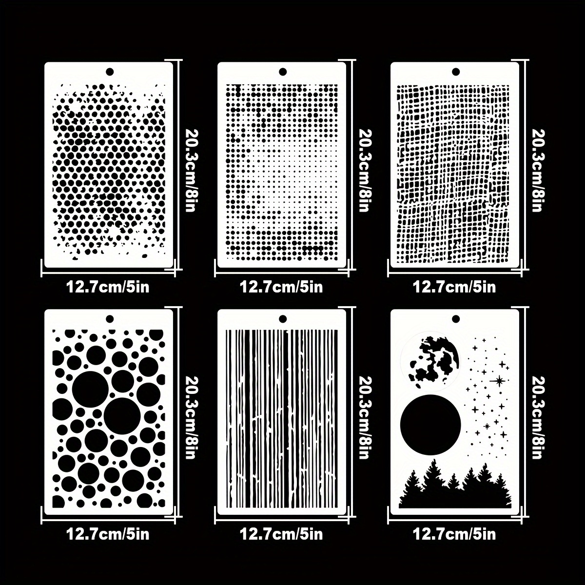E-shop Set mit 6 wiederverwendbaren Kunststoffschablonen mit einem Design von kreisförmigen Punkten, vertikalen Mondlichtbäumen und einem sternennen