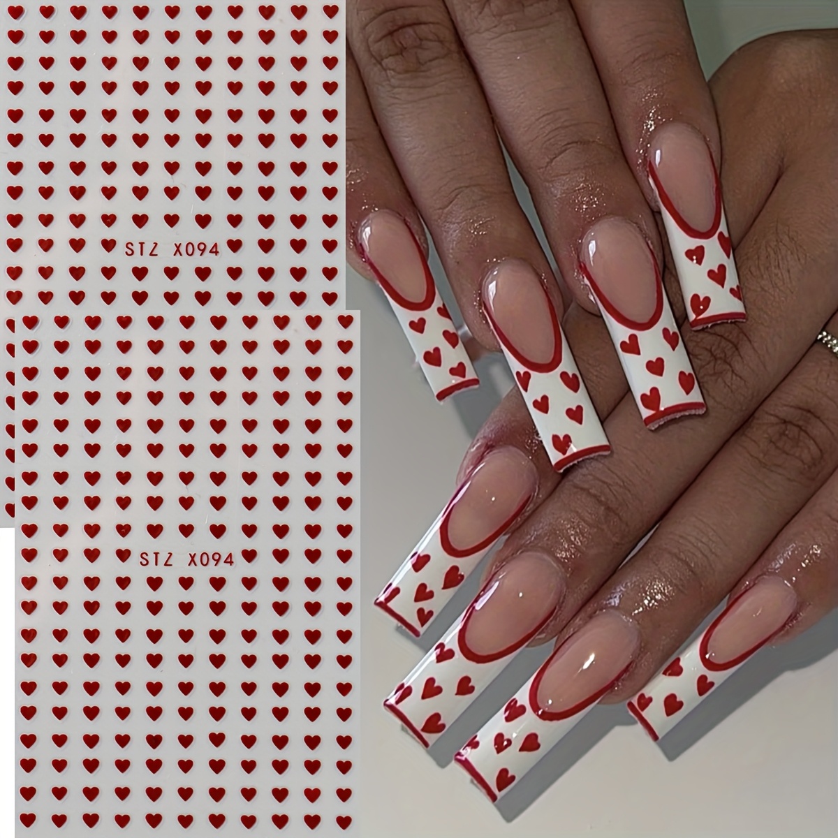 Image of 2pcs Red Heart Nail Art Stickers - 3d Self-adhesive Decals With Glittery Red Hearts & Accents, Irregular Shapes, Single-use Resin Nail Stickers For Valentine's Day