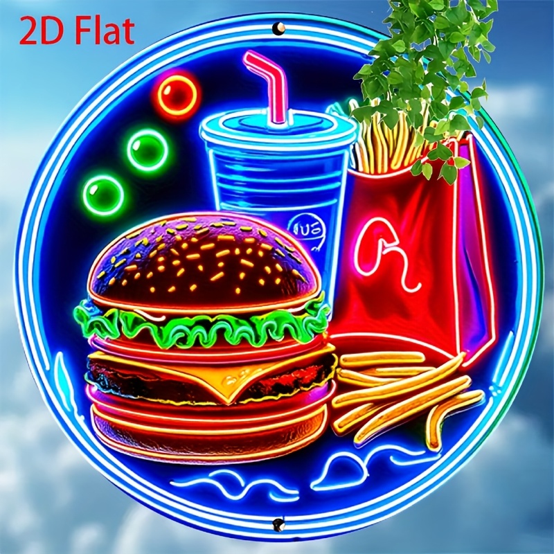 TEMU 1 Vintage Restaurant Wooden Wall Decor - Vintage Neon Sign With Burger And Fries - And Red Wooden Decoration, Suitable For Kitchen, Dining Room,