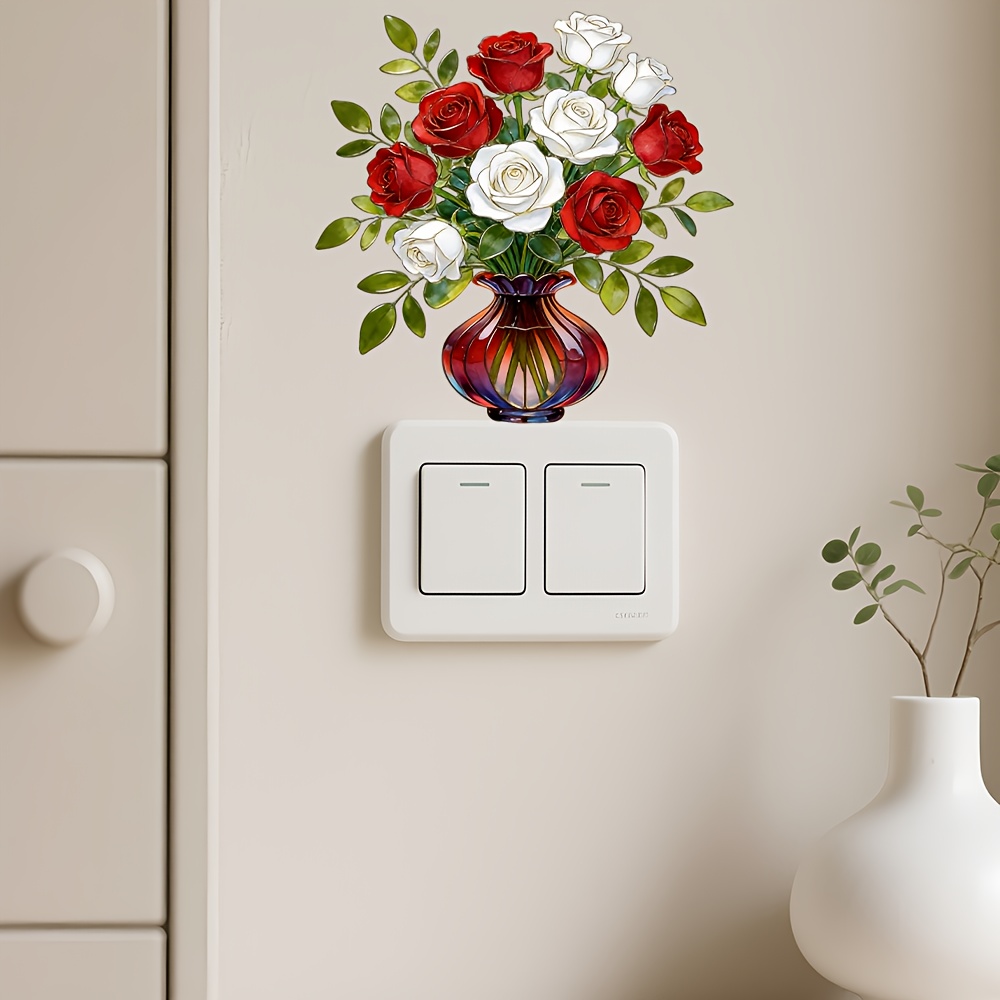 Image of A Self-adhesive Removable Decorative Sticker Featuring White And Red Flower Pot Designs For The Living Room And Bedroom, Suitable For Home Decoration And Waterproof