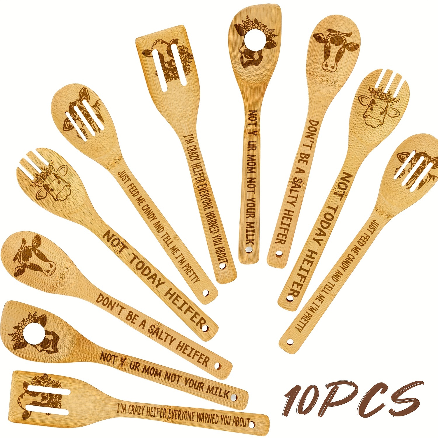 

10pcs Cow Wooden Cooking Spoon Spatulas Set, Engraved Cow Bamboo Utensils Cookware Cow Gift For Kitchen Farmhouse Decor, Funny Gift For Cow Lover Farmer Housewarming Birthday Party Supplies