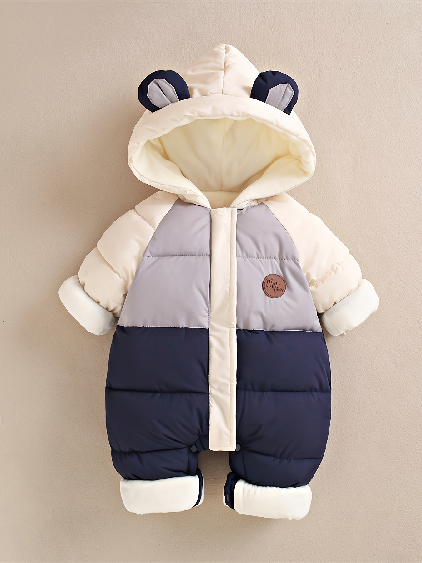 adorable bear hooded snow suit for warm winter snowgear with full zipper closure striped design loose fit polyester filling unisex winter outfit winter clothes cold weather babywear   design durable snap buttons outerwear cozy material wear