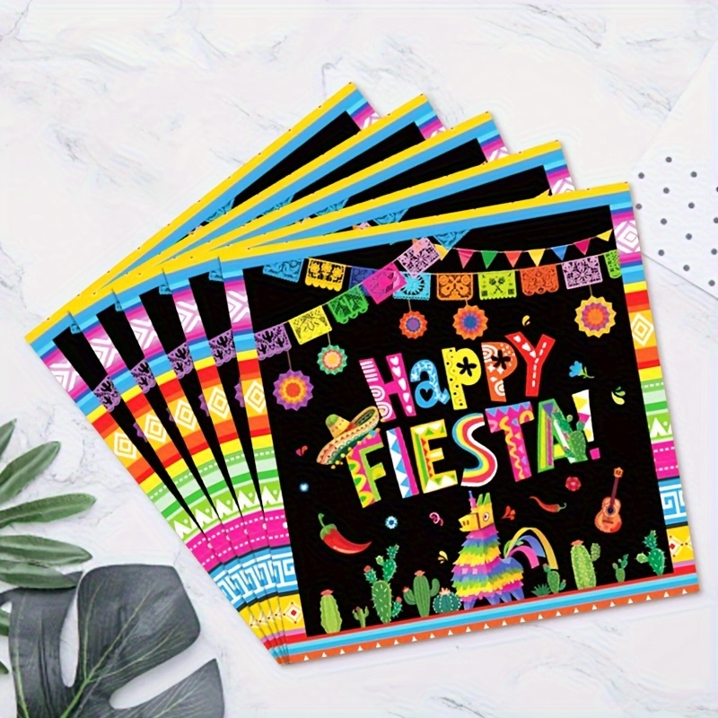 

Pack Of 16 Mexican Fiesta Party Napkins - Vibrant "" Design With Sombreros, & - Paper Tissues For Celebrations & Use