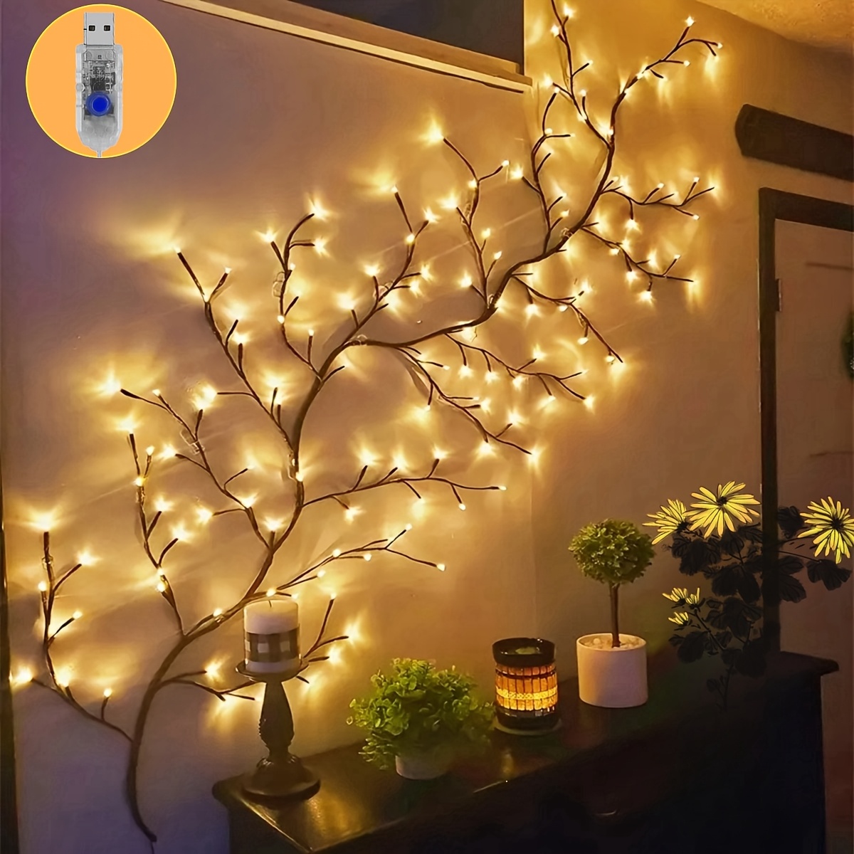 TEMU 1pc, Vine- Design; Lighted Willow Vine Lights; 128 Leds Willow Vine Lights - Usb Powered, /6ft Warm White For Home Decor, Wedding Decor, Lights
