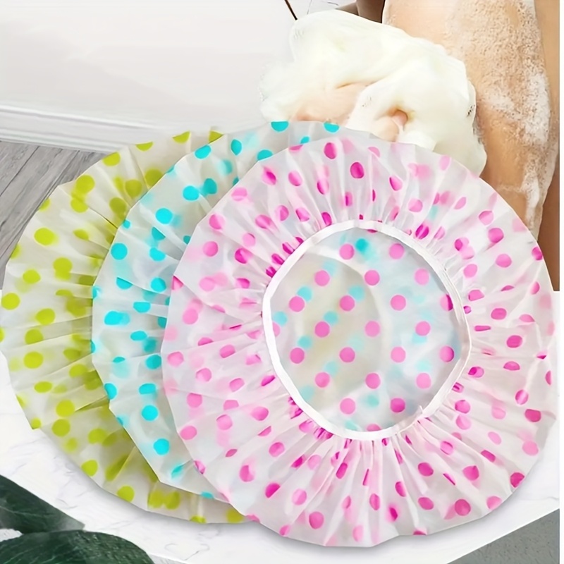 3pcs colorful polka dot shower caps thickened high quality bath hats with elastic band green   patterns for spa salon home use shower accessories details 3