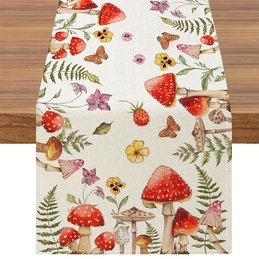 TEMU 1pc Linen Table Runner, Watercolor Mushroom & Butterfly Design, Wildflowers Summer Dining Decor, Options For Home & Kitchen Decoration