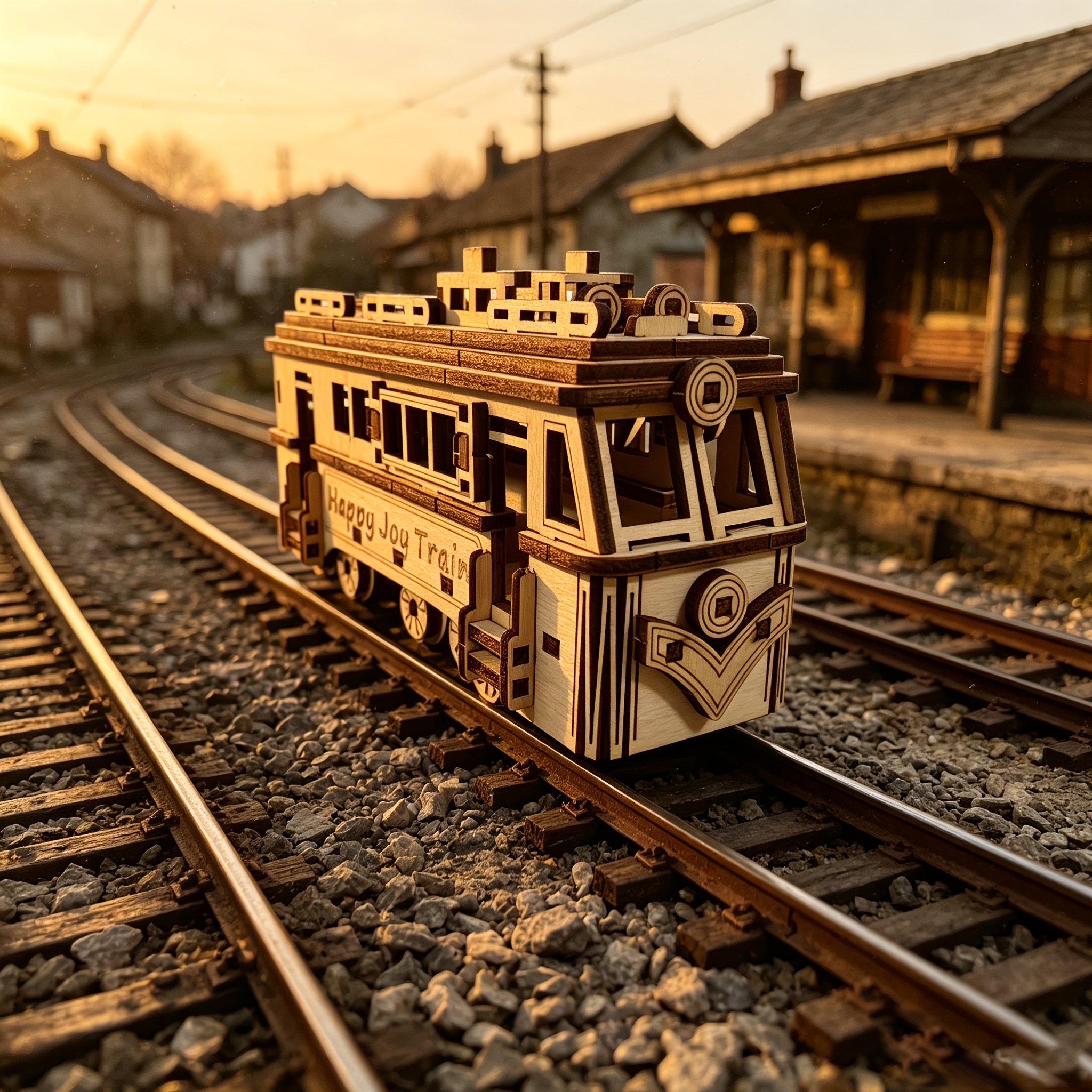 Wooden Tram Craft Ornament, 3D Puzzle Model