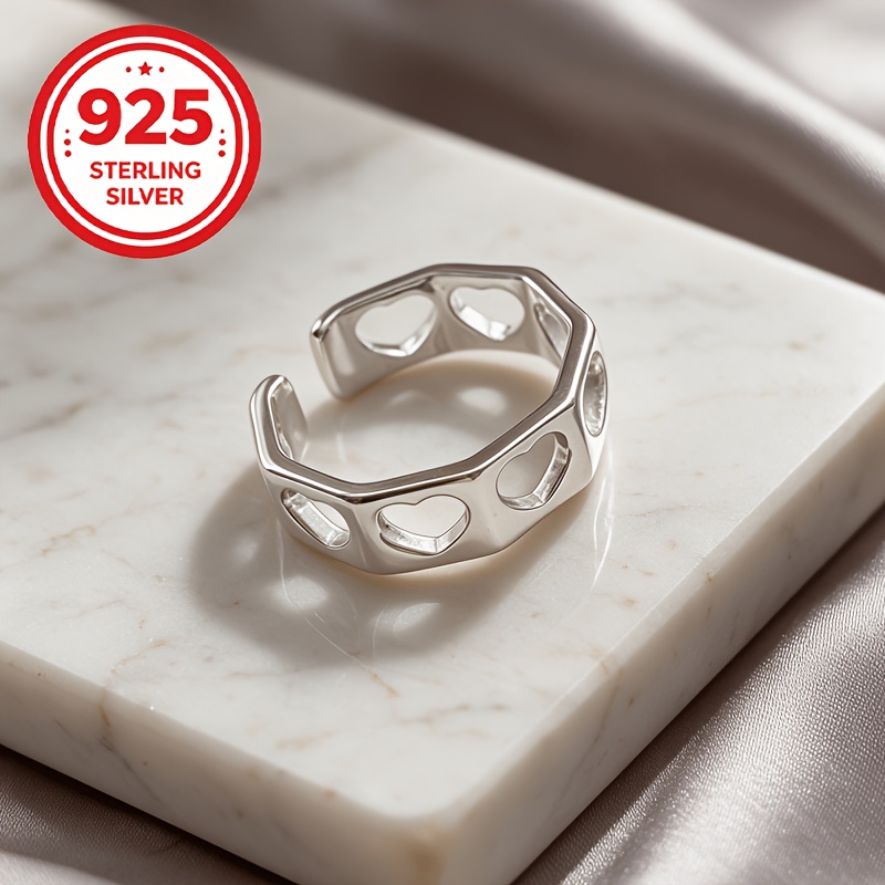 925 Silver Hollow Heart Geometric Adjustable Ring, Gift for Couples