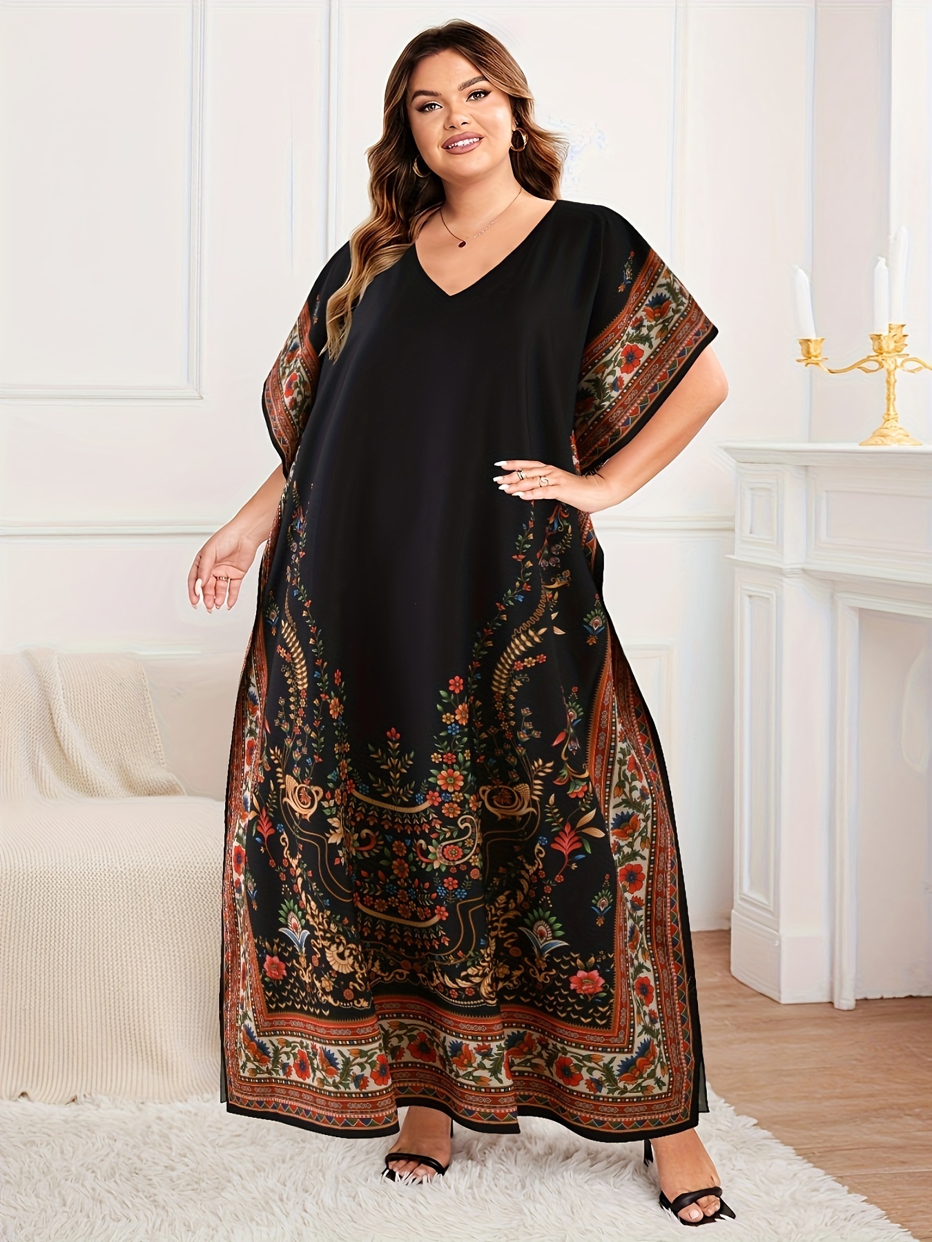 high low beach wedding dress Caftan Dress For Plus Size Women Tribal Printed Black Polyester