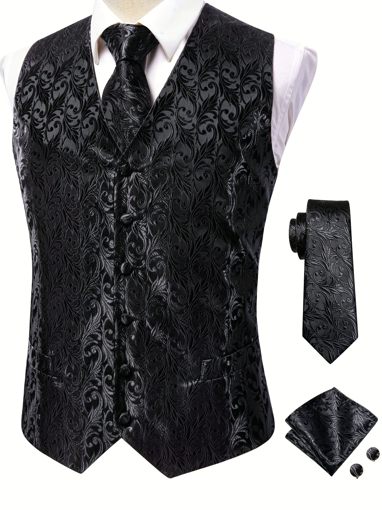 Men'S Elegant V-Neck Polyester Vest Set with Tie, Handkerchief & Cufflinks for Wedding Party - All-Season Motif Cachemire Pattern, Regular Fit, Woven Fabric, Button Detail