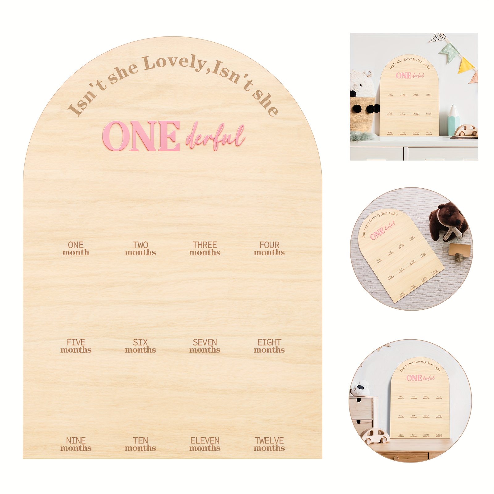 

' She Lovely, She Onederful' Wooden Photo Board – Wood Photo Sign With Pink Acrylic First Birthday Milestone Display For Girls